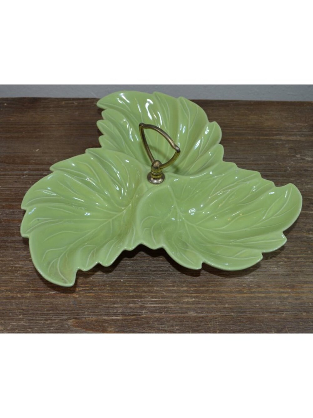Vintage Green Three Leaf Serving Dish USA Pottery MCM Tray Bowl Platter Cottage